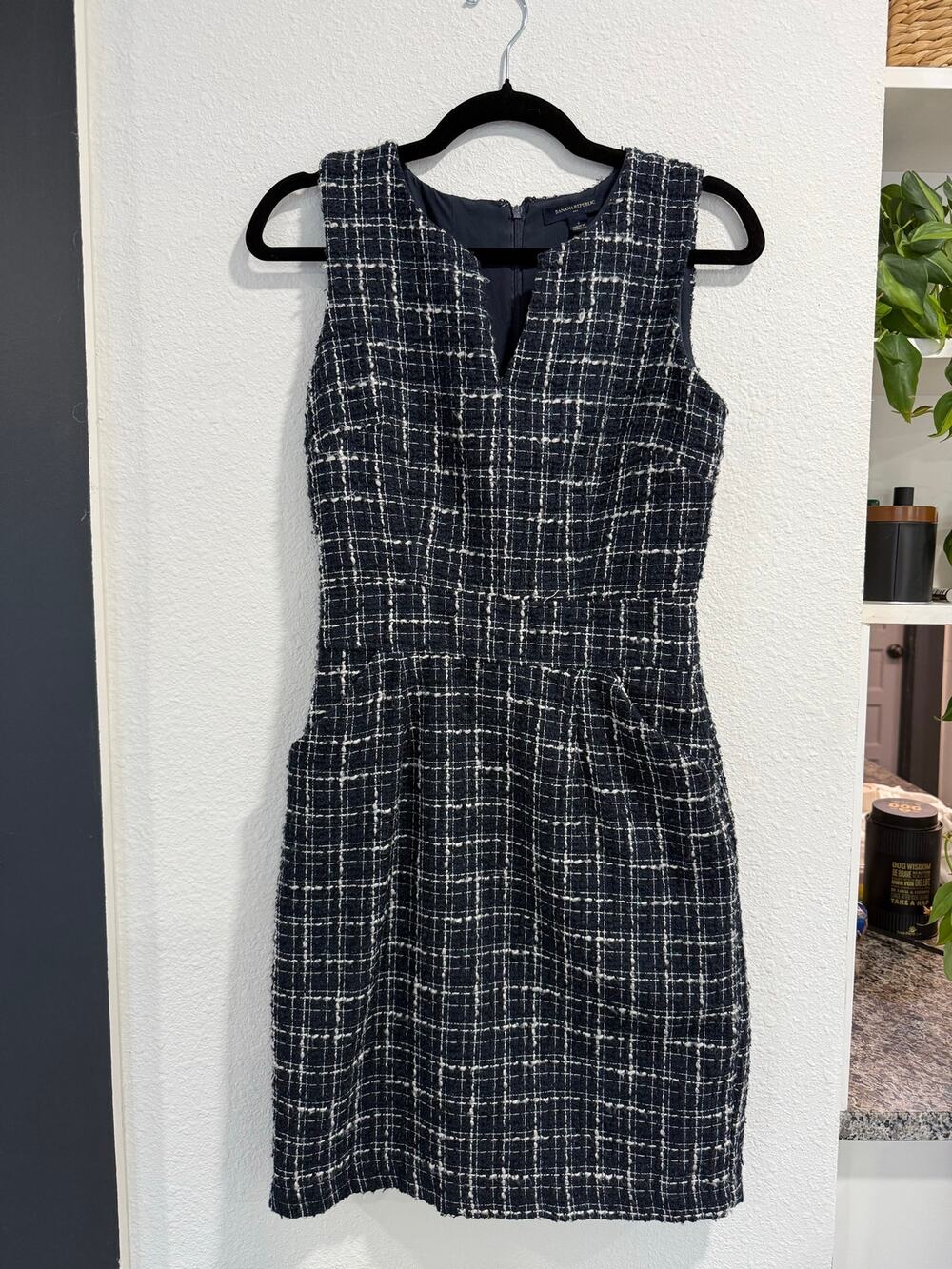 Banana Republic Size 2 Navy Tweed Plaid Fit & Flare Dress Sleeveless Pockets